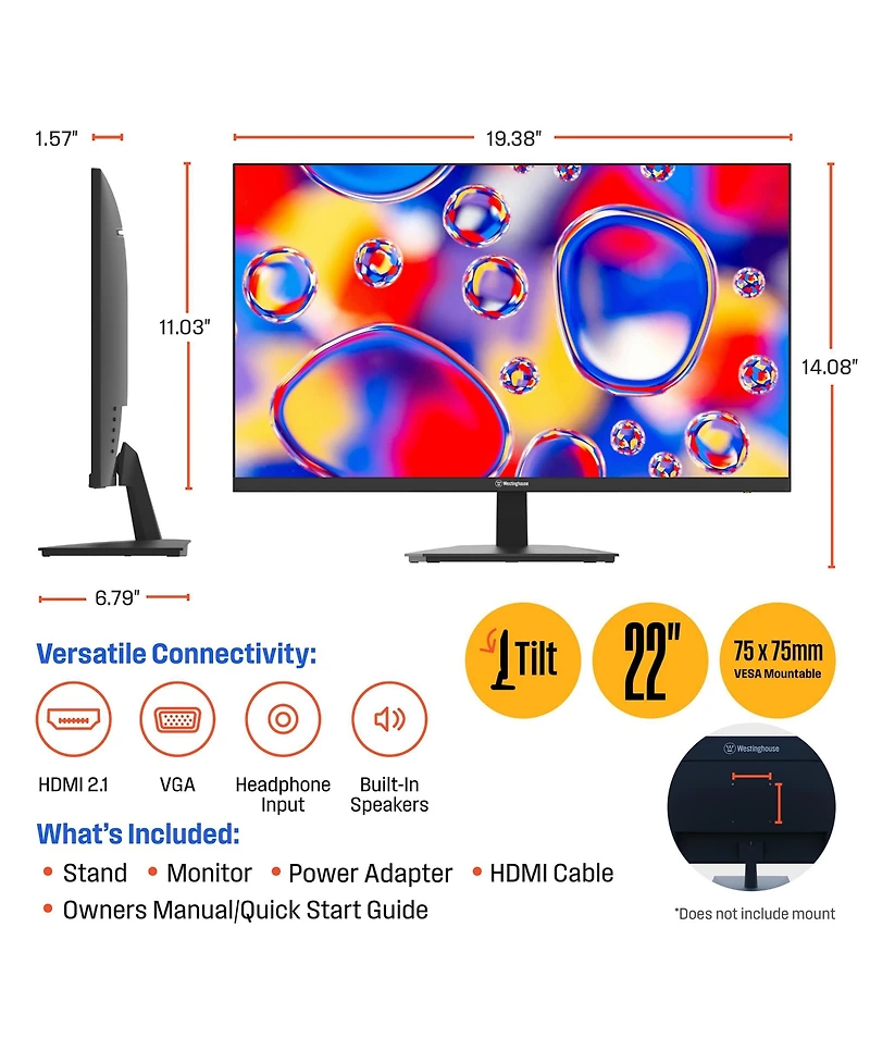 Westinghouse 22 Inch Computer Monitor, 100Hz, 1080p Full Hd Ips Display, Adaptive Sync, Blue Light Protection, Home Office Pc Monitor with Built in Sp