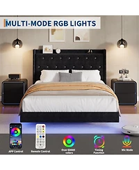 gaomon Queen Floating Bed Frame with Led Lights, Velvet Upholstered Platform, Storage Headboard
