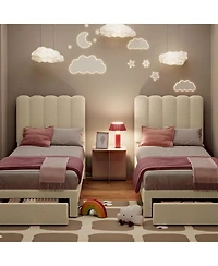 gaomon 2 Sets Twin Bed Frame with Under-Bed Drawer, Upholstered Platform Bed with Wave Headboard for Kids/Girls, Wooden Slats Support