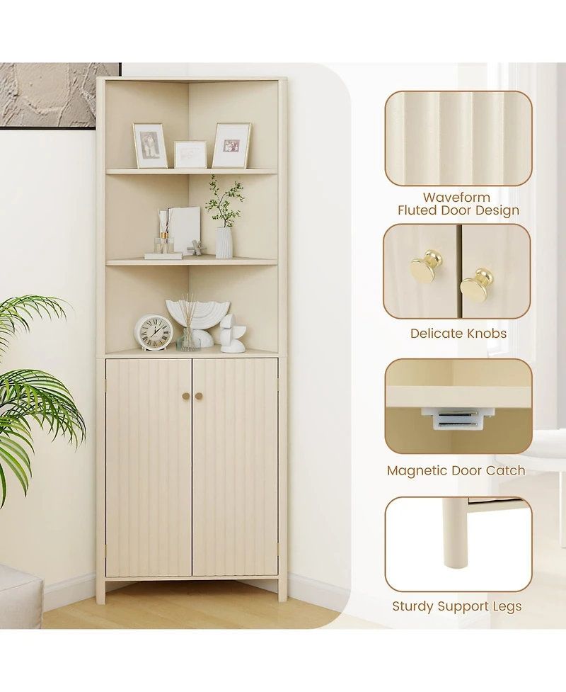 Volenca 68" Tall Corner Bathroom Cabinet with 5 Shelves and 2 Fluted Doors, Space-Saving