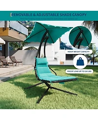gaomon Chaise Lounger Swing Chair with Umbrella Canopy, Patio Hanging Lounge Chair with Stand, Curved Steel - Twin