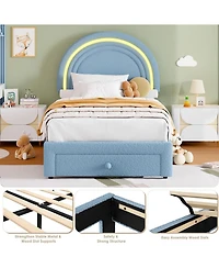 gaomon Twin Led Bed Frame with Storage Drawer, Rainbow Headboard, Fleece Princess Platform for Kids, Wood Slats