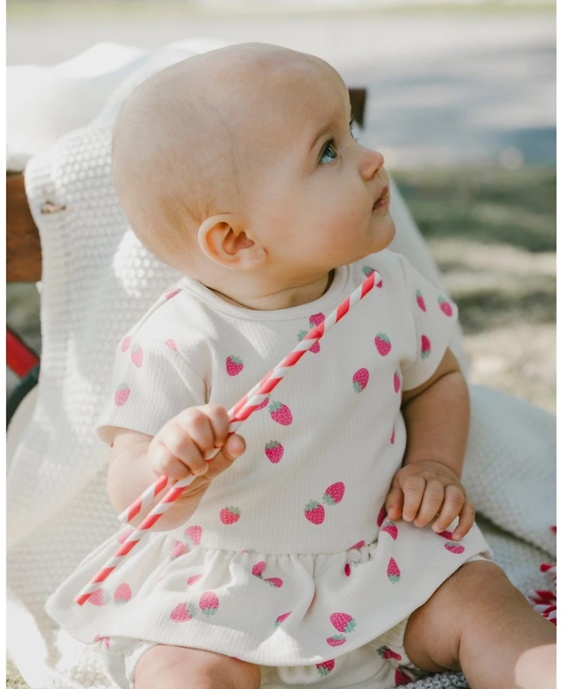 Deux par Baby Girls Cotton Rib Jersey Top and Short Set White Printed Strawberries