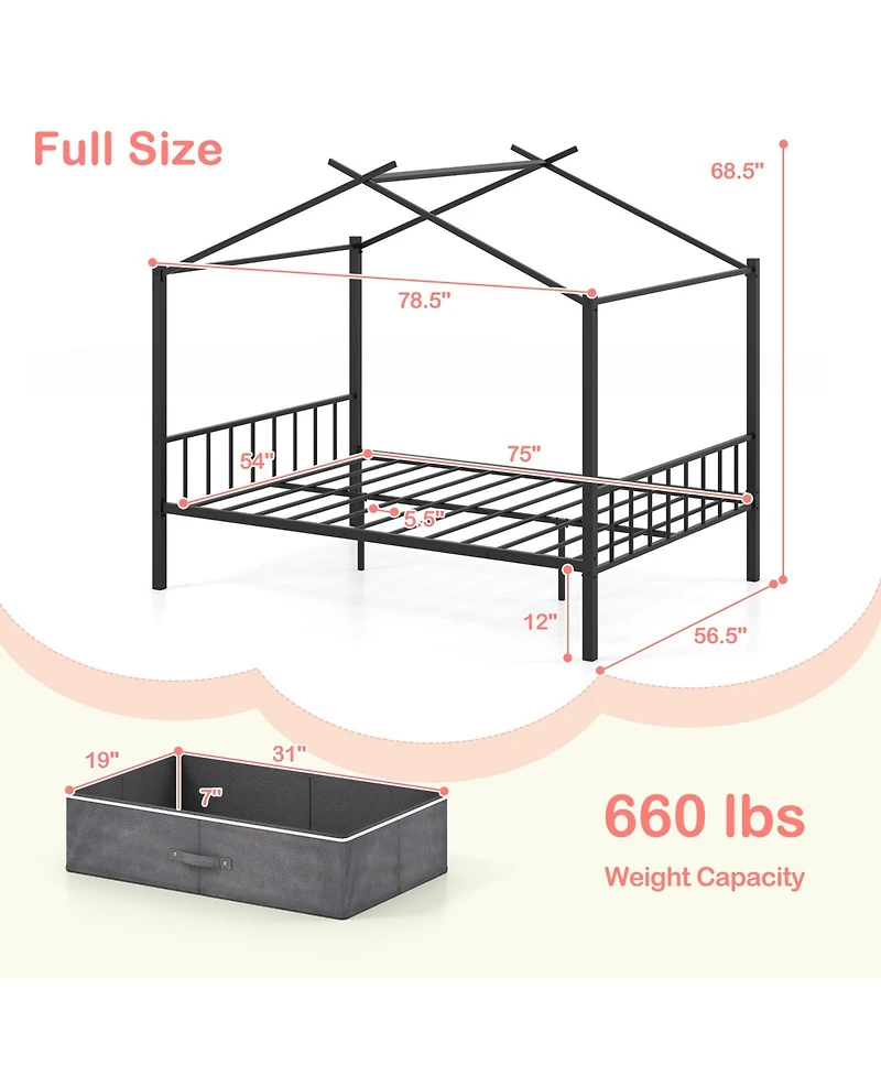 Slickblue Kids Full Metal House Bed with Roof Frame and Fabric Drawers - 56