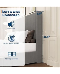 Gaomon King Bed Frame with 4 Storage Drawers, Corduroy Wingback Headboard, Solid Wood Slats, Quiet Platform, Grey