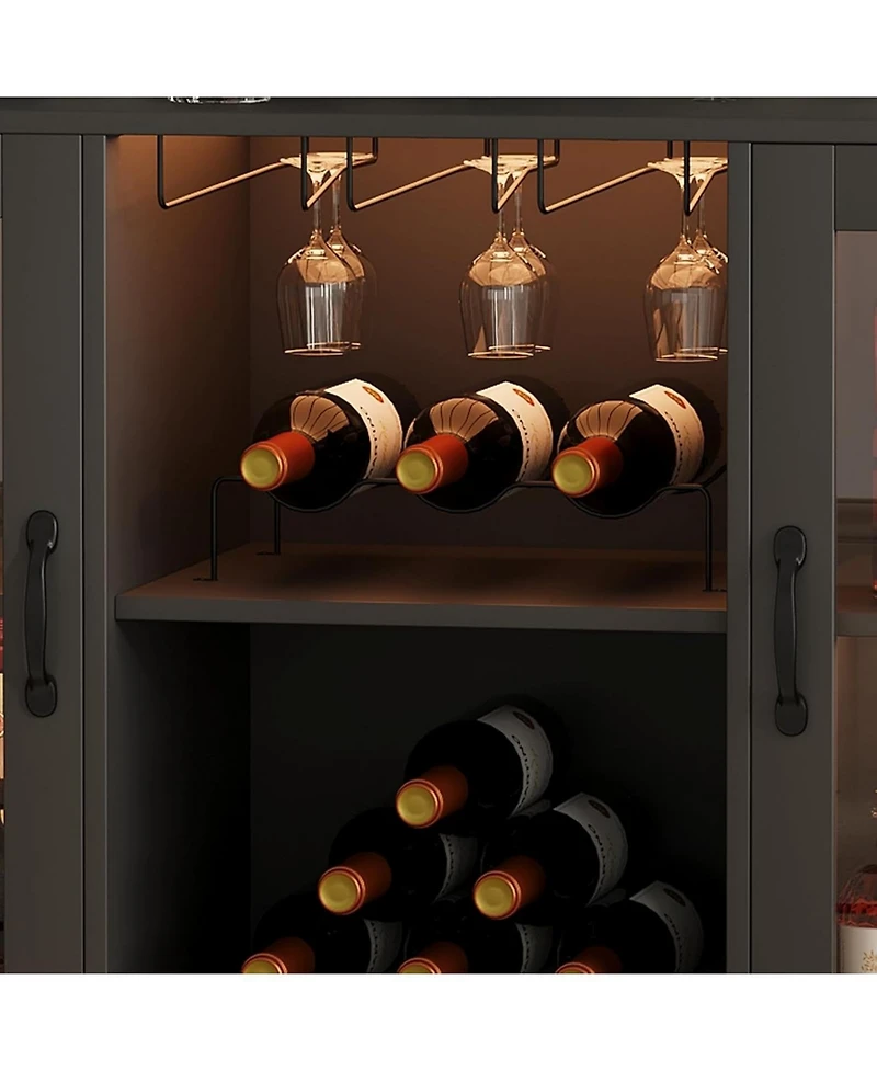 Gaomon Wine Bar Cabinet with Led Lights & Power Outlets, Farmhouse Liquor Rack Glass Holder