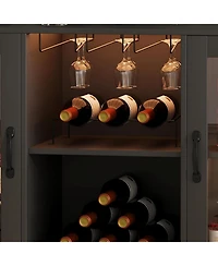 Gaomon Wine Bar Cabinet with Led Lights & Power Outlets, Farmhouse Liquor Rack Glass Holder