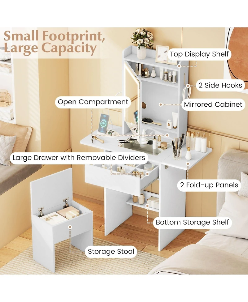 Volenca Space-Saving Vanity Desk with Lighted Mirror and Lights, Bedroom Makeup Table