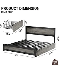 gaomon King Bed Frame with Headboard, Industrial Platform, 4 Storage Drawers, Charging Station, Metal Slats, Washed Gray