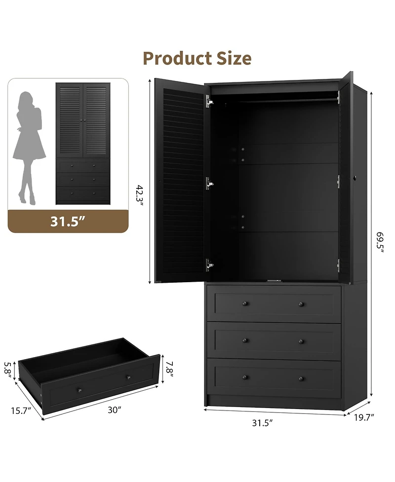gaomon Armoire Wardrobe Closet with Drawers, 69.5" Wooden Wardrobe Cabinet with Hanging Rod & Doors
