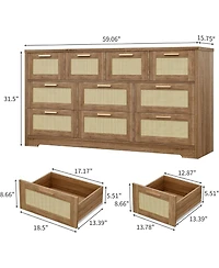 gaomon 10 Drawers Dresser for Bedroom, Rattan Chest of with Spacious Tabletop & Handles, Closet Organizer Tv Stand Living Room,