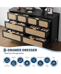 gaomon 6 Drawer Boho Rattan Dresser with Wood Legs and Metal Handles