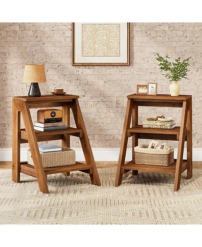 Tribesigns Solid Wood End Table Set of 2, 3-Tier Farmhouse Side Table with Open Storage Shelves, Rustic Nightstand for Living Room