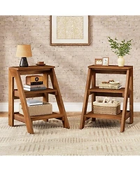 Tribesigns Solid Wood End Table Set of 2, 3-Tier Farmhouse Side Table with Open Storage Shelves, Rustic Nightstand for Living Room