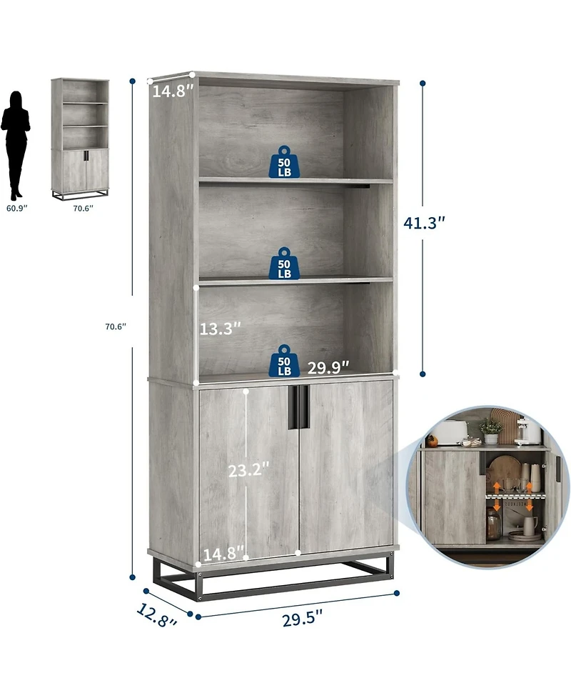 gaomon Tall Bookshelf w/Doors & Metal Base, 5-Tier Bookcase with Cabinet and Adjustable Shelf, Wooden Book Shelf Farmhouse Bookcase for Living Room