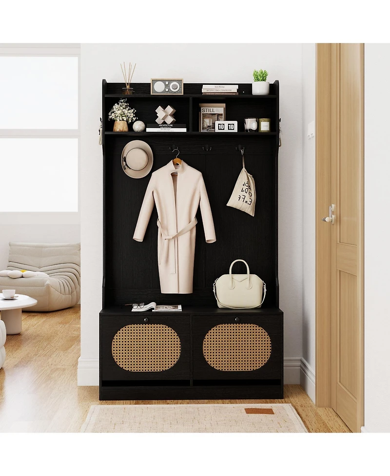 Slickblue Entryway 4-in-1 Hall Tree with Coat Rack and Flip Drawers