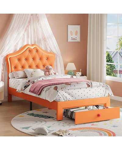 gaomon Twin Bed Frame with Led Lights, Velvet Crystal Headboard, Upholstered Platform, Drawer, Orange