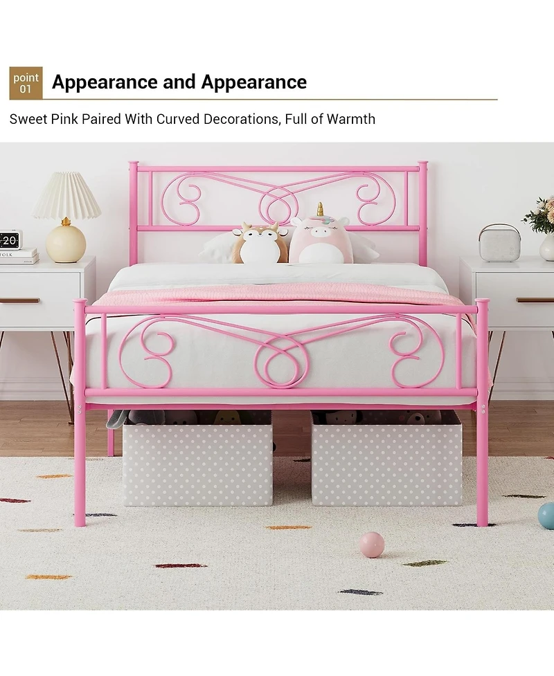 gaomon Twin Metal Platform Bed Frame with Headboard and Footboard, Steel Slat Support, Pink