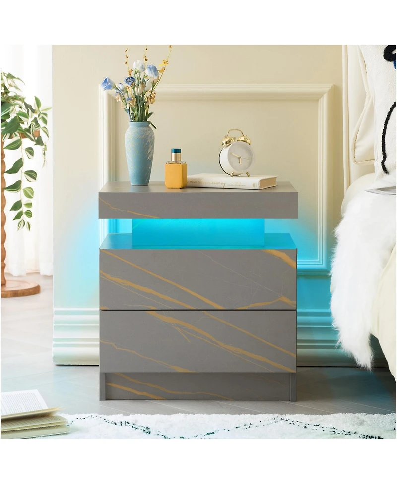 Rainsken Led Nightstand with 2 Drawers, Bedside Table Cabinet with Adjustable Color Lighting, End Side Table for Bedroom, Living Room