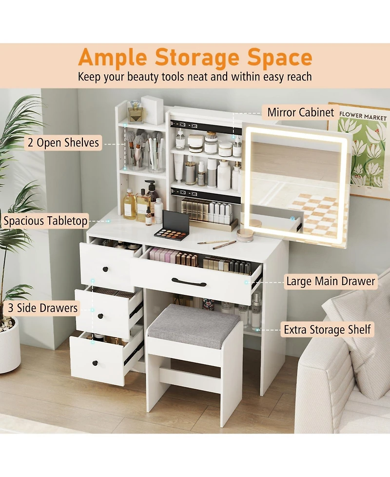 Volenca Vanity Desk and Chair Set with Sliding Lighted Mirror and 4 Drawers, Makeup Table