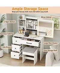 Volenca Vanity Desk and Chair Set with Sliding Lighted Mirror and 4 Drawers, Makeup Table