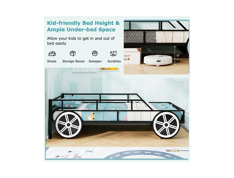 Slickblue Kids Twin Size Car Bed Frame with Safety Rails and Metal Frame - 42