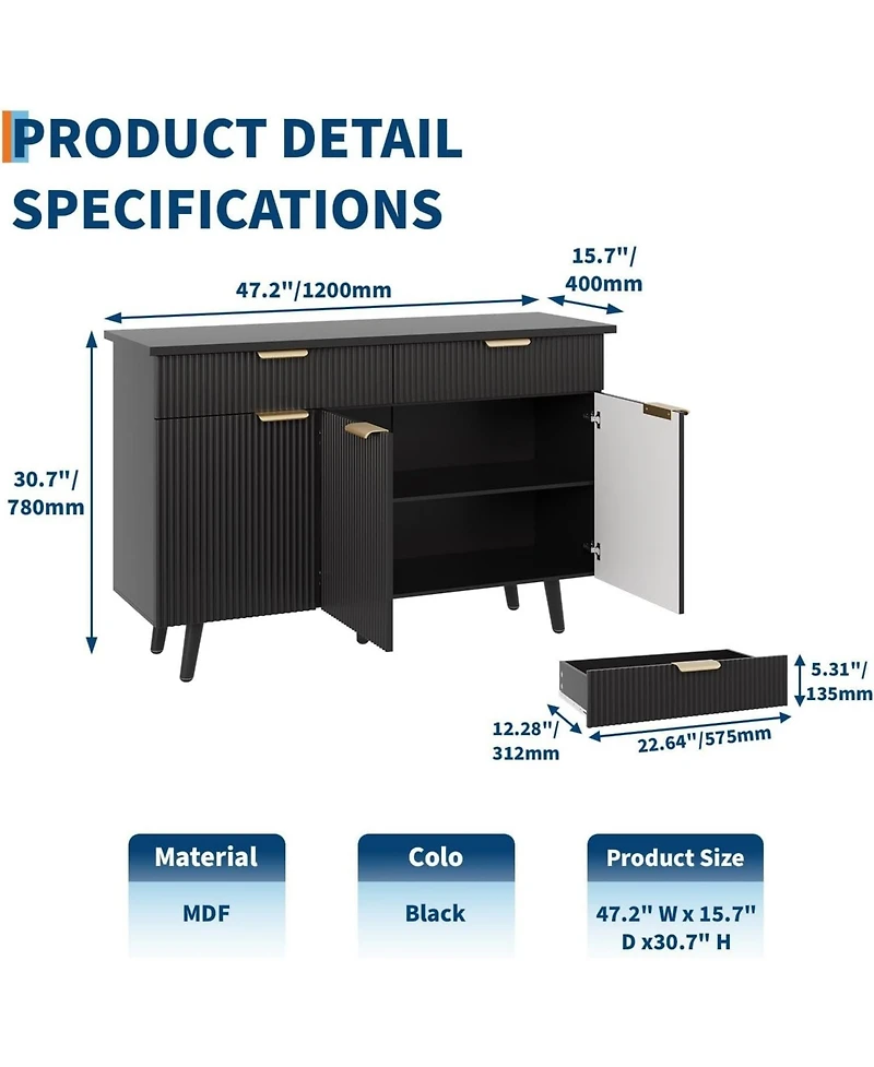 gaomon 47" Fluted Sideboard Buffet Cabinet with Doors Drawers Storage