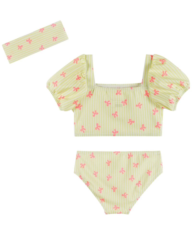 Andy & Evan Girls' 2T-5 Puff Sleeve Top, Bikini Bottom, Matching Headband, 3-Piece Set