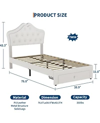 gaomon Twin Bed Frame with Led Lights, Velvet Crystal Headboard, Upholstered Platform, Drawer, Beige