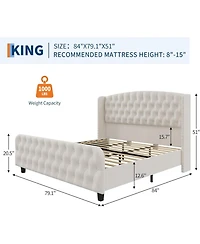 gaomon 51" Tall King Size Velvet Upholstered Platform Bed with Button Tufted Wingback Headboard and Footboard, No Box Spring