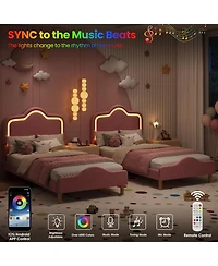 gaomon Twin Velvet Bed Frame with Led Headboard & Footboard, Princess Platform, Slats, Pink