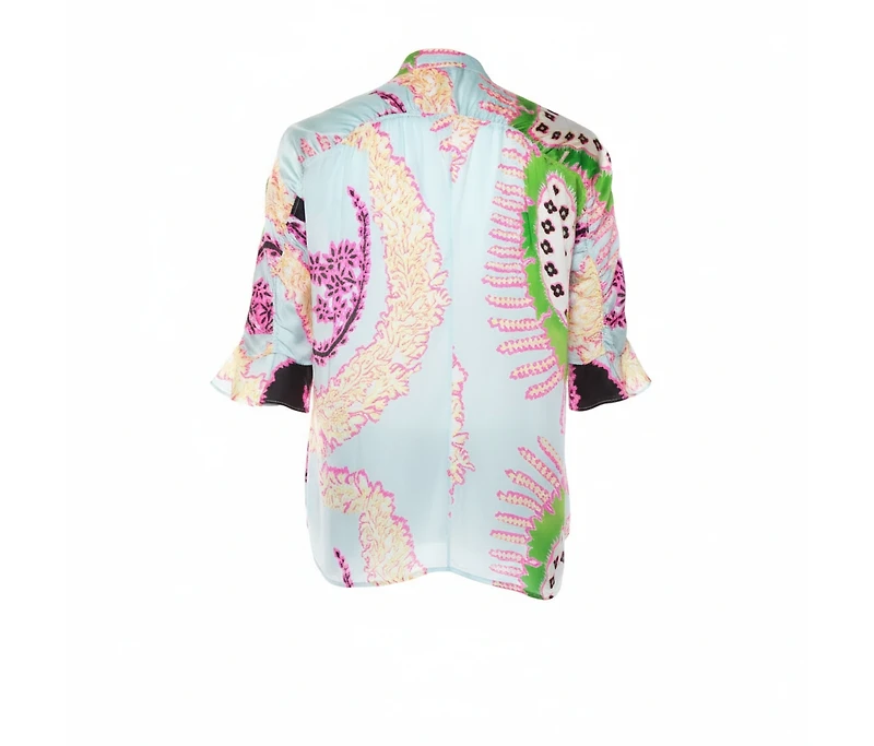 Pre-Owned Roberto Cavalli Women's Multicolor Abstract Printed Silk Ruffle Sleeve Blouse