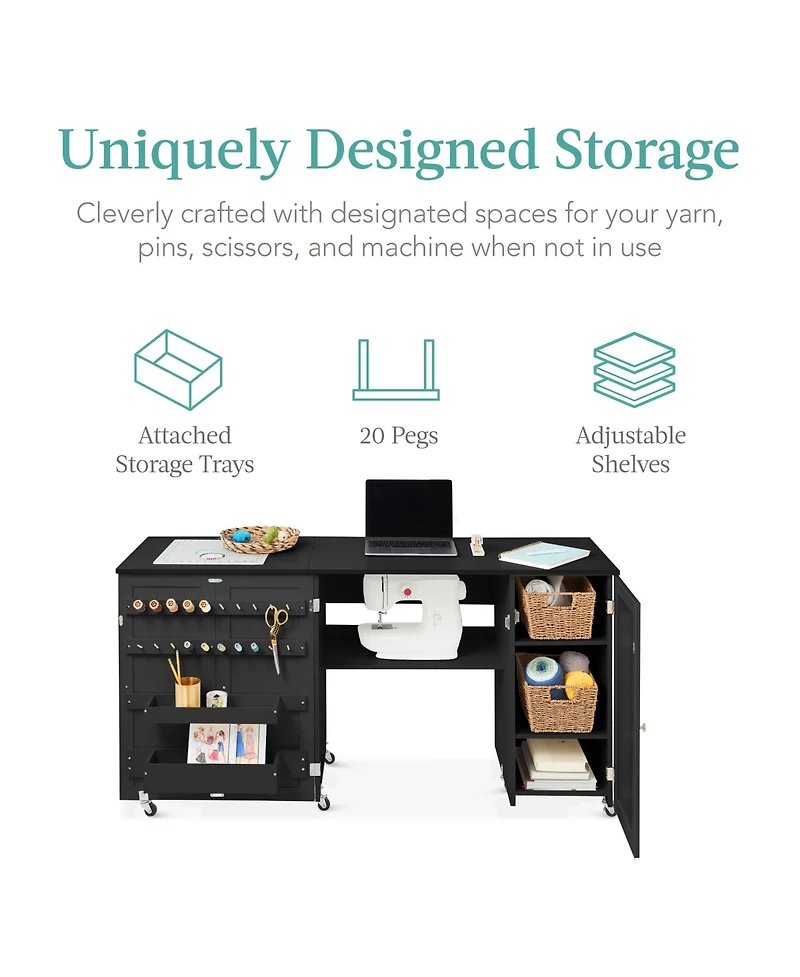 Best Choice Products Large Portable Multipurpose Folding Sewing Table w/ Magnetic Doors, Craft Storage