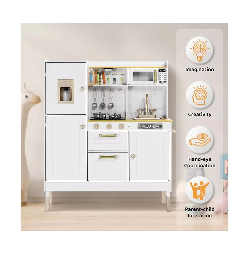 Kinder King Pretend Play Kitchen Wooden Toy Set for Kids w/Lights & Sounds, Utensils, Oven, Microwave