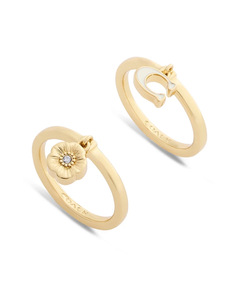Coach Faux Stone Signature C Tea Rose Charm Duo Ring Set