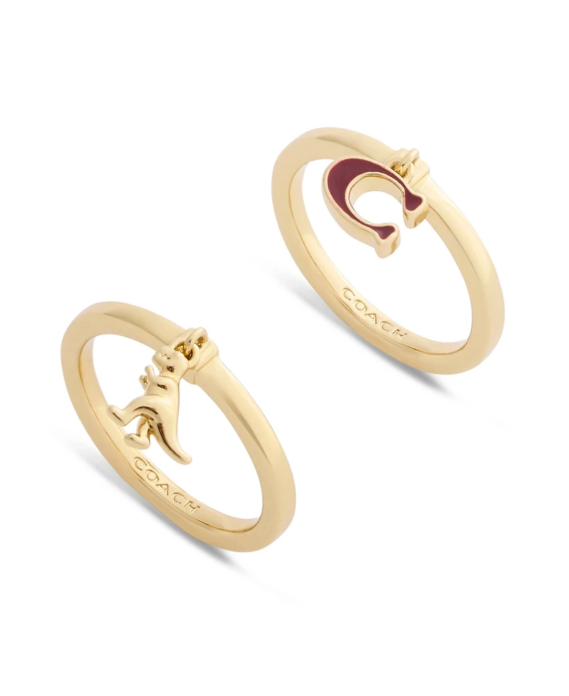 Coach Faux Stone Signature C Heart Charm Duo Ring Set