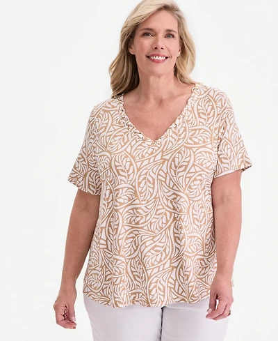 Jm Collection Plus Printed Grommet Knit V-neck Top, Macy's Exclusive