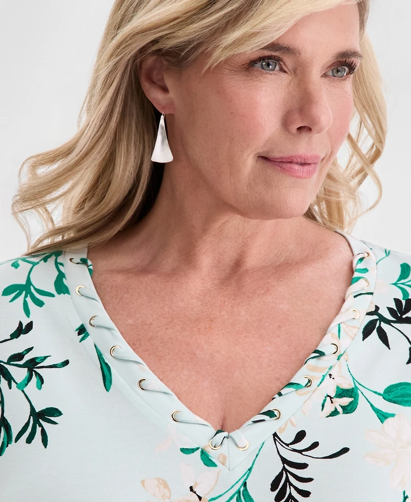 Jm Collection Plus Reve Garden V-Neck Lace-Up T-Shirt, Macy's Exclusive