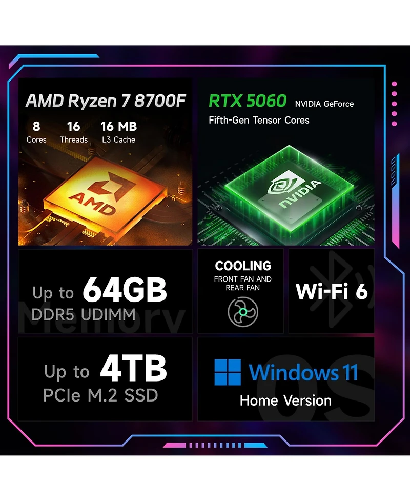 Hp Omen 16L TG03-0000m Gaming Tower Desktop Amd Ryzen 7 8700F 8GB Ram Nvidia GeForce Rtx 5060 512GB Ssd Storage Windows 11 Home - Black