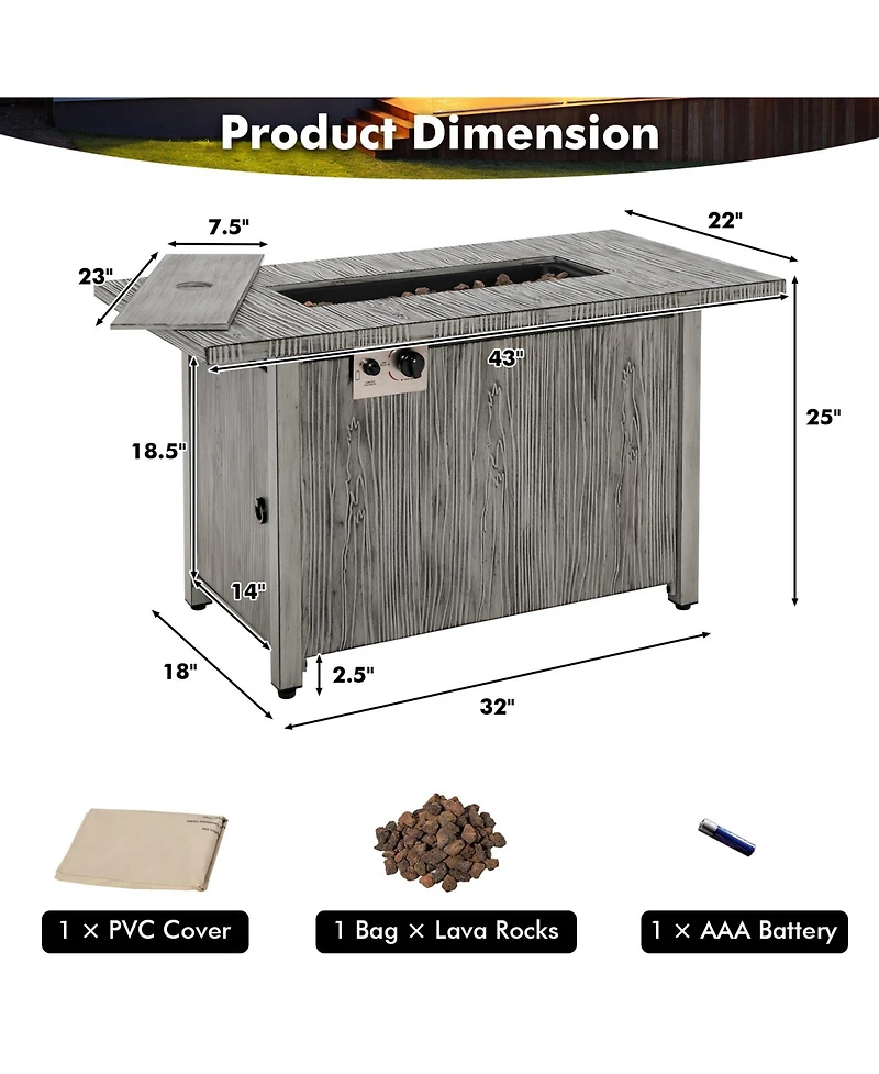 Sugift 43 Inch 50000 Btu Propane Fire Pit Table with Removable Lid