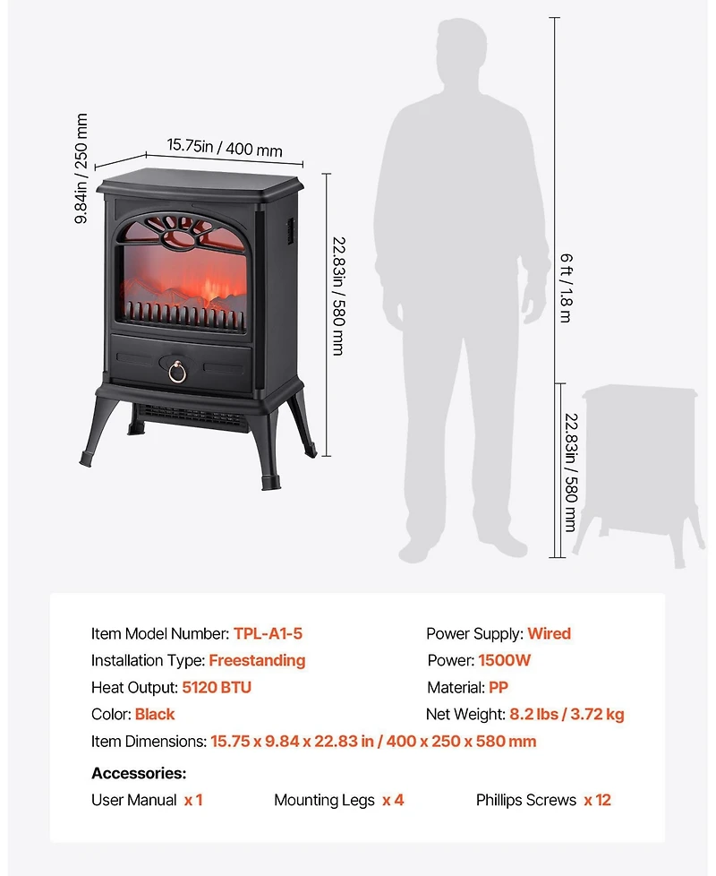 22.8" Freestanding Electric Fireplace Stove Heater 1500W Realistic Flames