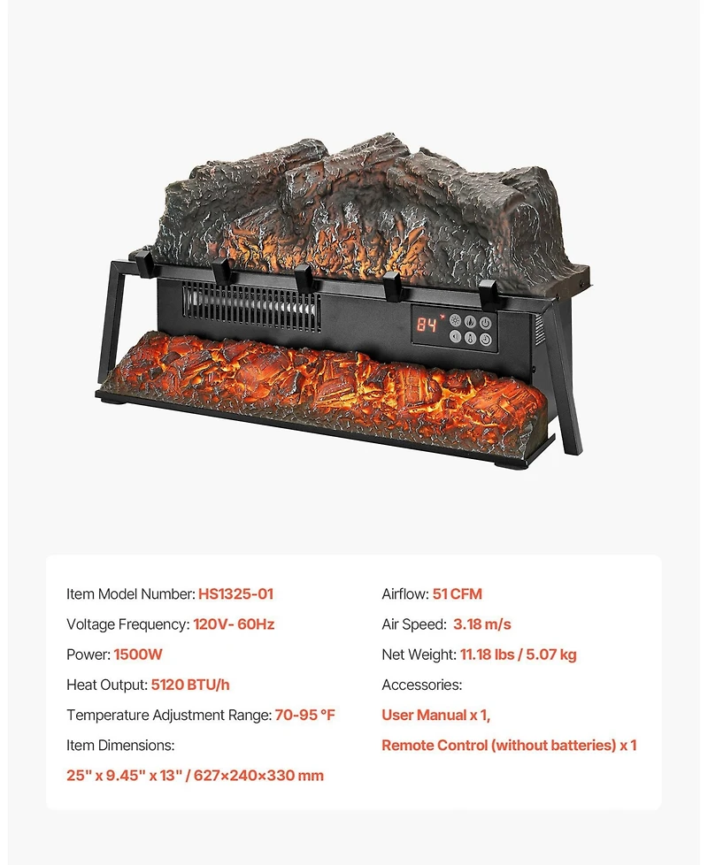 Electric Fireplace Log 25" Insert Heater with Remote Flames Timer Black