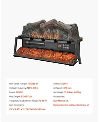 Electric Fireplace Log 25" Insert Heater with Remote Flames Timer Black