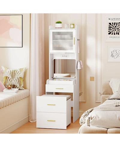 Volenca Makeup Vanity with Power Outlets and Flip-Top Mirror, Storage Stool Included