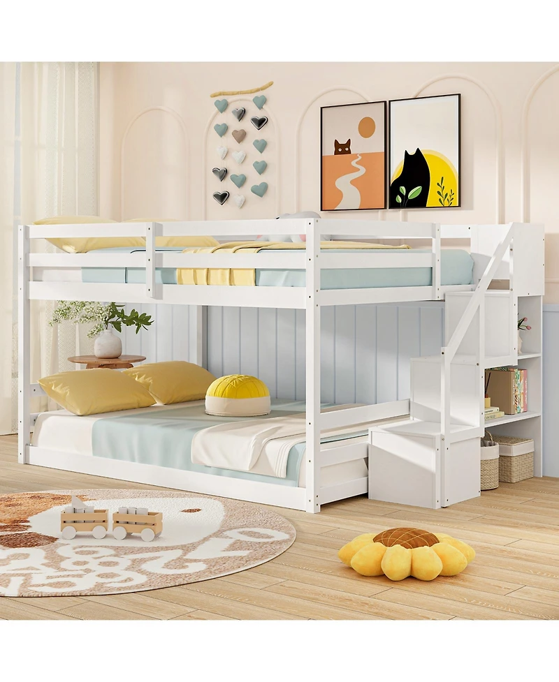 Slickblue Low Full Bunk Bed with Solid Wood and Storage Steps