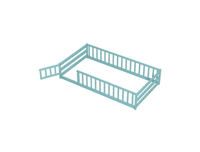 Twin Kids Wood Montessori Floor Bed with Door and Fence