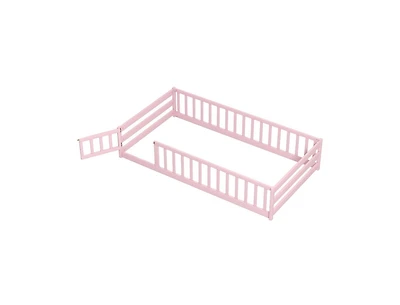 Twin Size Kids Wood Montessori Floor Bed with Door and Fence