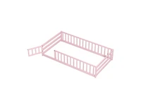 Twin Size Kids Wood Montessori Floor Bed with Door and Fence