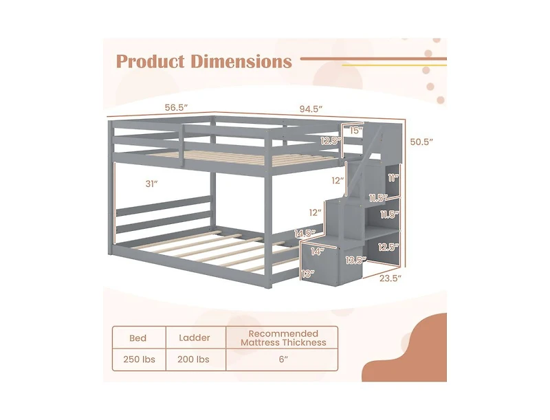 Slickblue Low Full Bunk Bed with Solid Wood and Storage Steps
