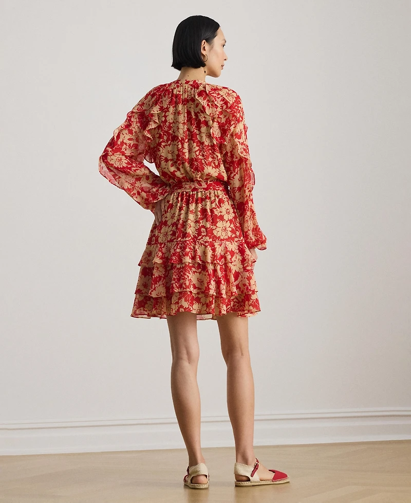 Lauren Ralph Women's Print Ruffle Trim Band Collar Tiered Dress